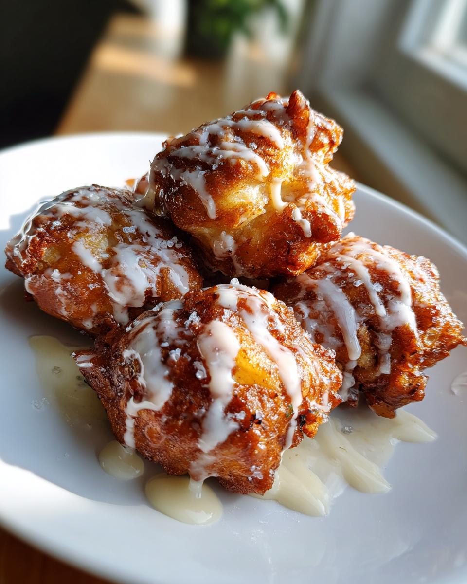 Four golden brown apple fritter mounds piled on a white plate, generously drizzled with thick white glaze.