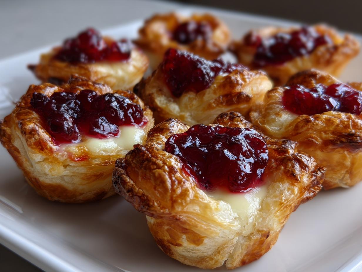 A close-up of several golden, flaky pastry cups filled with melted brie and topped with dark red jam, showcasing delicious brie bites.