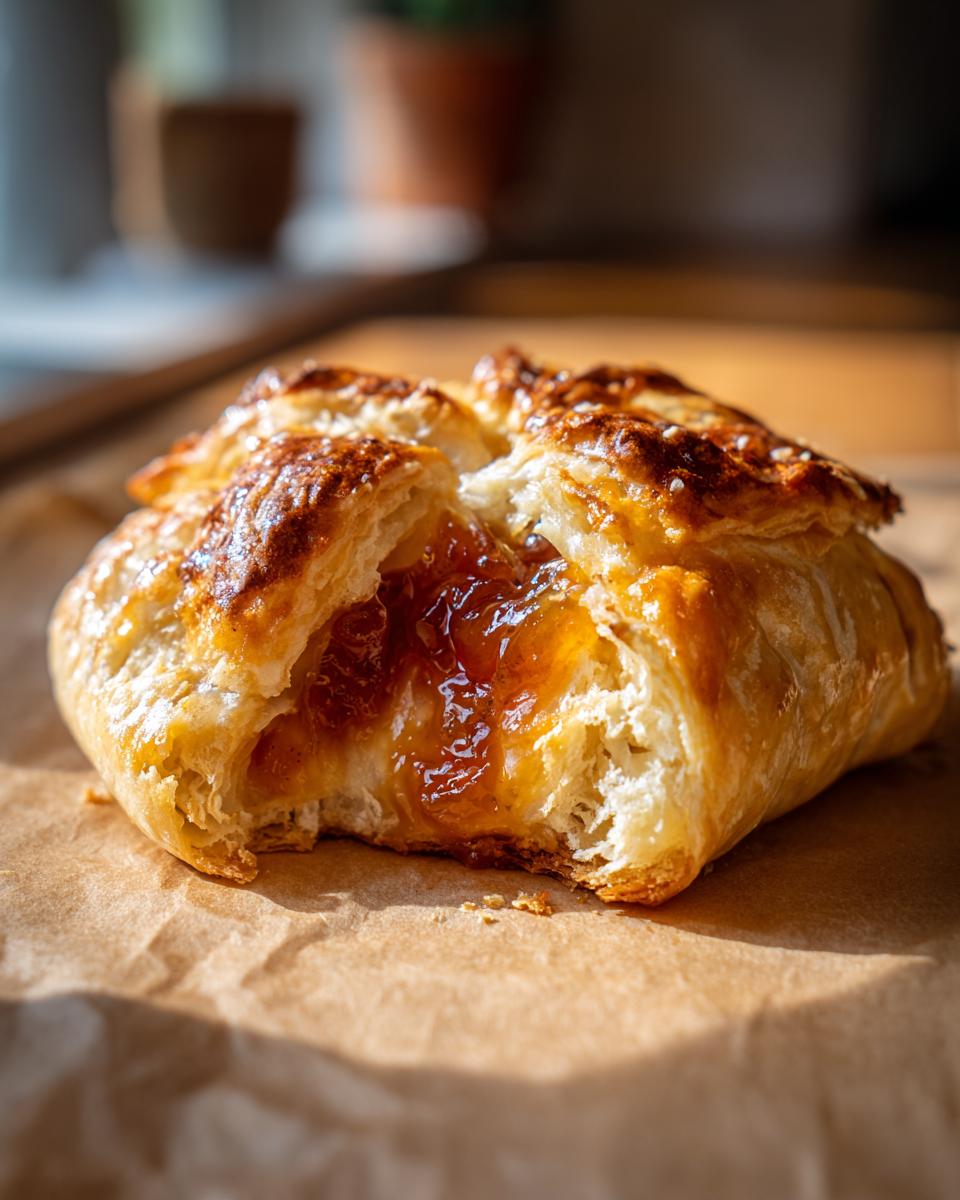 A close-up of warm baked brie wrapped in flaky pastry, oozing with apricot jam filling.