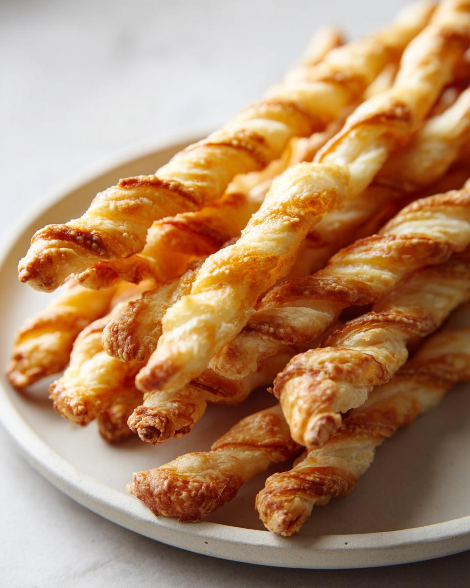 A close-up of several flaky, golden-brown, twisted cheese straws recipe piled on a light-colored plate.