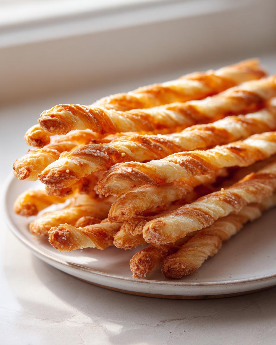 A close-up stack of golden, flaky, twisted cheese straws recipe pieces piled on a light ceramic plate.