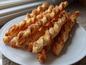 A pile of golden, flaky, twisted cheese straws recipe baked to perfection on a white plate.