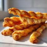 A tempting stack of golden brown, flaky cheese straws dusted with baked cheese, highlighted by sunlight.