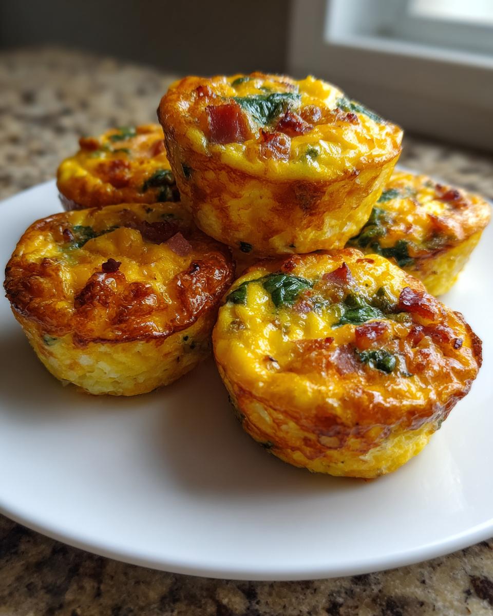 A stack of five golden-brown baked egg bites made with egg, bacon, and spinach, resting on a white plate.