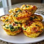 A stack of six golden brown baked egg bites mixed with spinach and ham on a white plate.