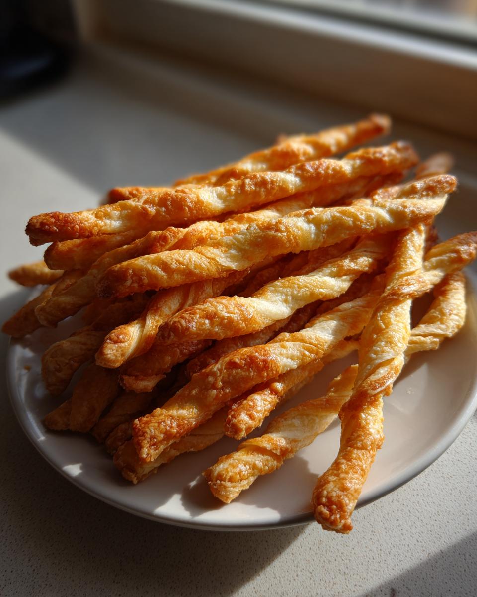 A pile of golden brown, twisted cheese straws recipe baked until flaky and crisp, served on a white plate.