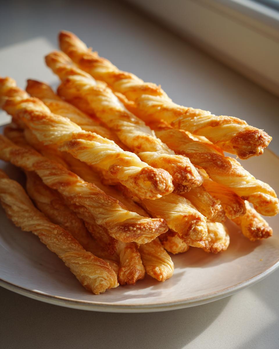 A stack of golden, flaky, twisted cheese straws recipe baked to perfection on a light-colored plate.