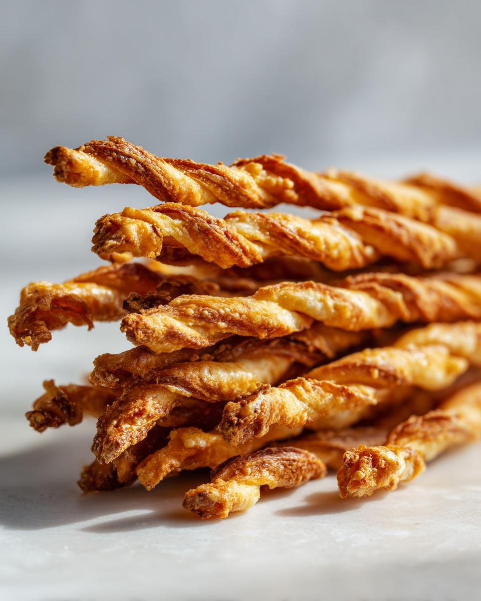 A close-up stack of golden, flaky, and twisted cheese straws resting on a light surface.