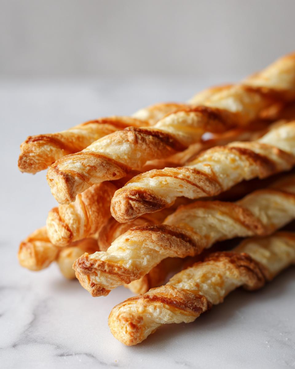 Close-up of several golden brown, flaky, twisted cheese straws stacked together on a white marble surface.