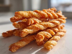 A close-up stack of golden brown, flaky, and twisted cheese straws catching the sunlight.