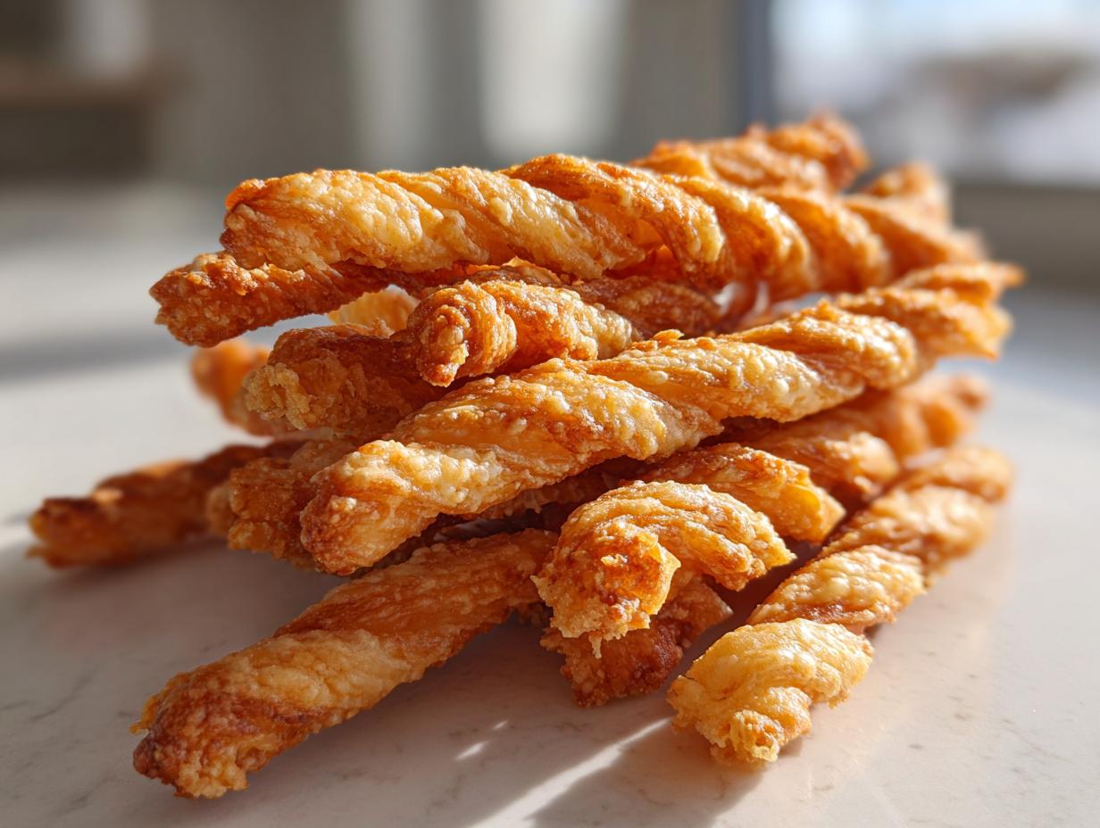 A close-up stack of golden brown, flaky, and twisted cheese straws catching the sunlight.