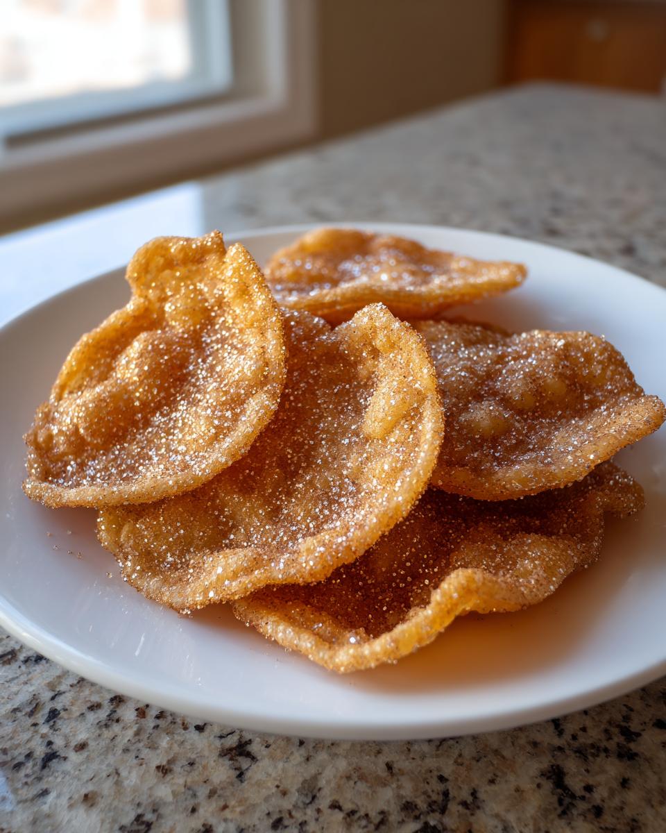 Close-up of several golden-brown buñuelos generously coated in sparkling cinnamon sugar on a white plate.