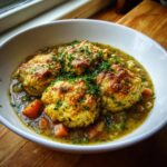 Four golden-brown, fluffy dumplings served in a savory broth with carrots, part of a gluten free chicken and dumplings dish.