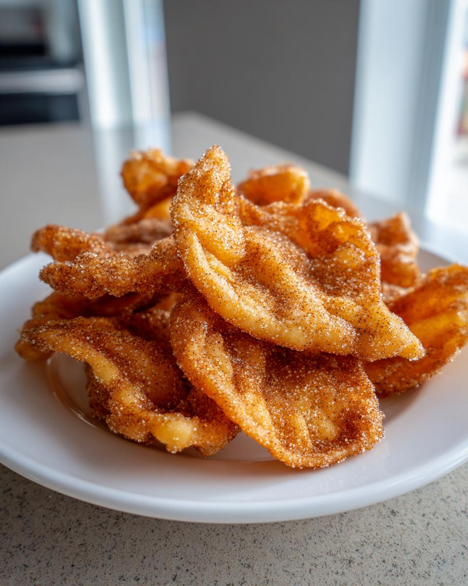 A close-up stack of freshly fried buñuelos generously coated in cinnamon sugar, resting on a white plate.