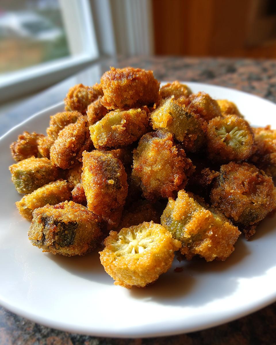 A close-up of a mound of perfectly golden brown fried okra pieces served on a white plate.