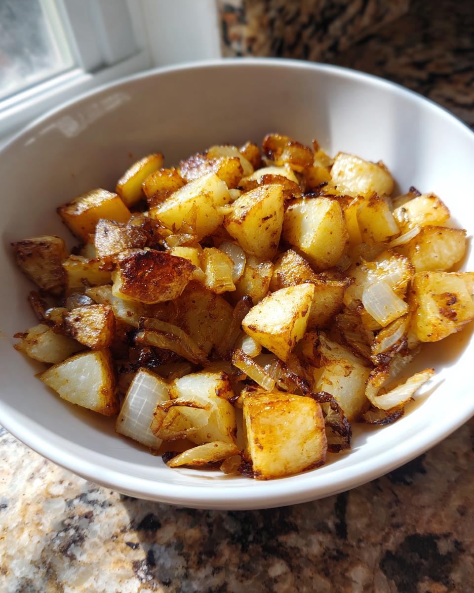 A white bowl filled with perfectly cooked, golden brown fried potatoes and caramelized onions.
