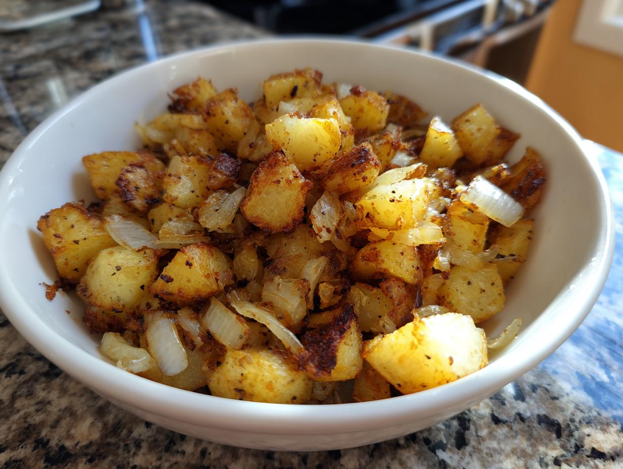 A close-up of golden brown fried potatoes mixed with sautéed onions served in a white bowl.