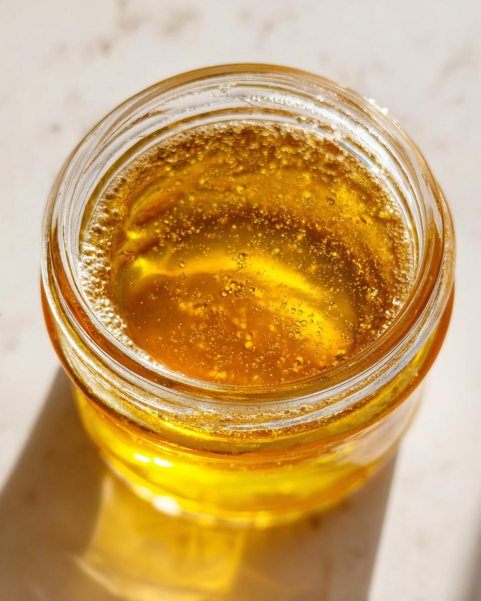 Overhead close-up of a clear jar filled with golden, bubbly liquid, likely oil or honey, used for homemade salad dressing.