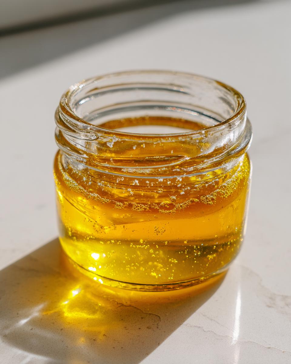 Close-up of a small glass jar filled with golden, slightly bubbly liquid, likely an oil base for a homemade salad dressing.