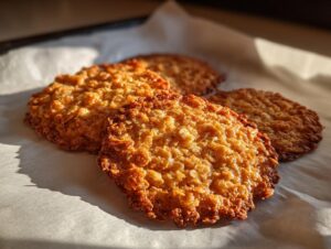 Close-up of several golden brown, crispy oatmeal lace cookies cooling on white parchment paper.