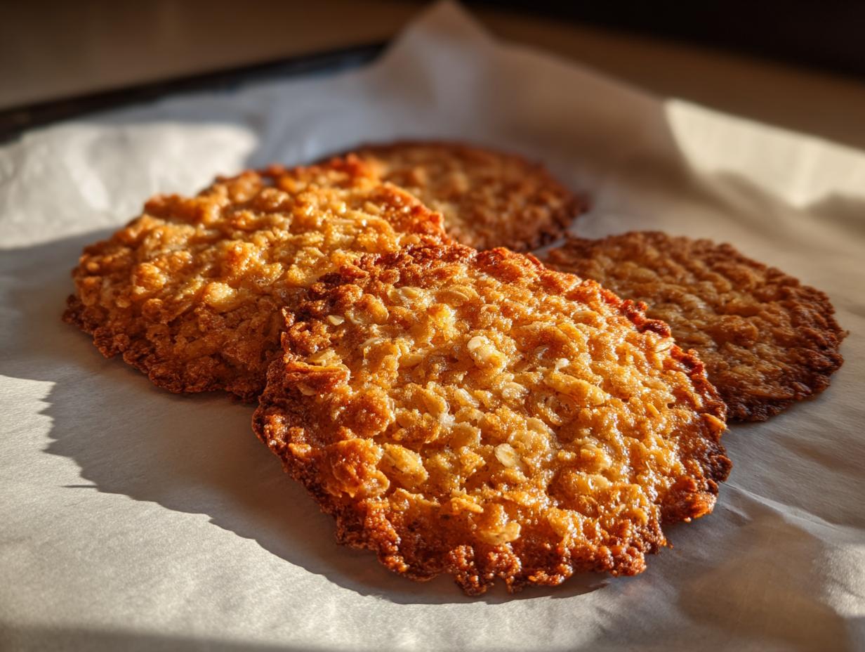 Close-up of several golden brown, crispy oatmeal lace cookies cooling on white parchment paper.