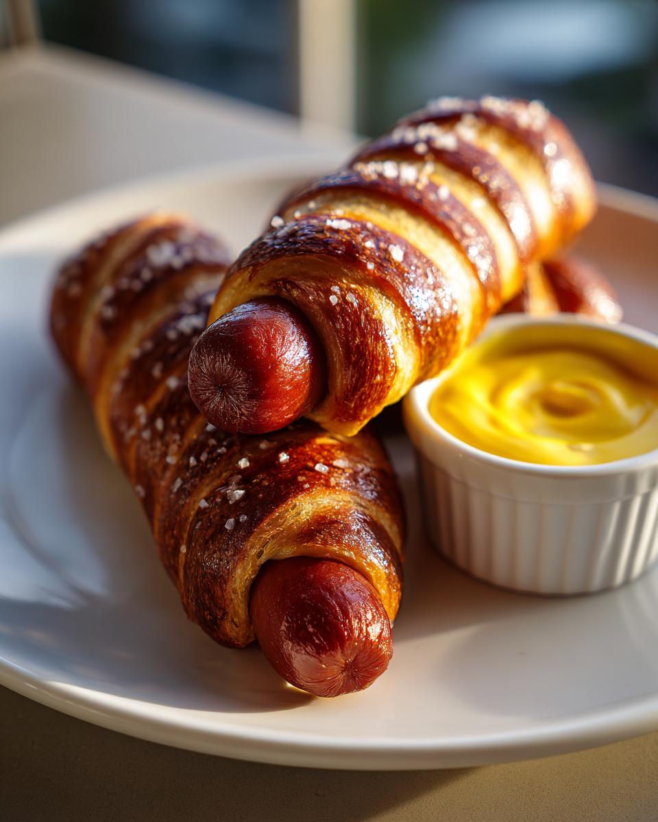 Two golden brown pretzel dogs sprinkled with coarse salt, served on a white plate next to a small bowl of bright yellow mustard.