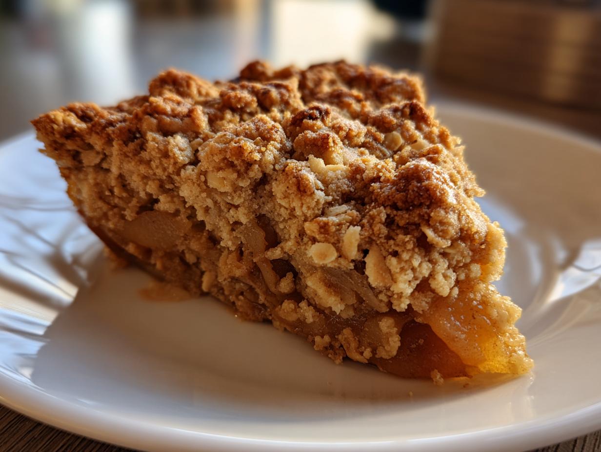 Close-up of a perfectly baked slice of pear crisp showing the crumbly topping and soft fruit filling.