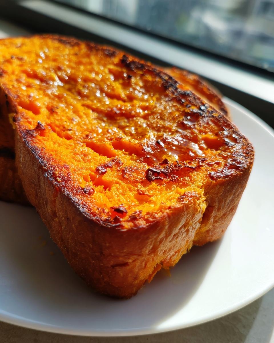 Close-up of two slices of vibrant orange sweet potato toast drizzled with a shiny glaze, sitting on a white plate.