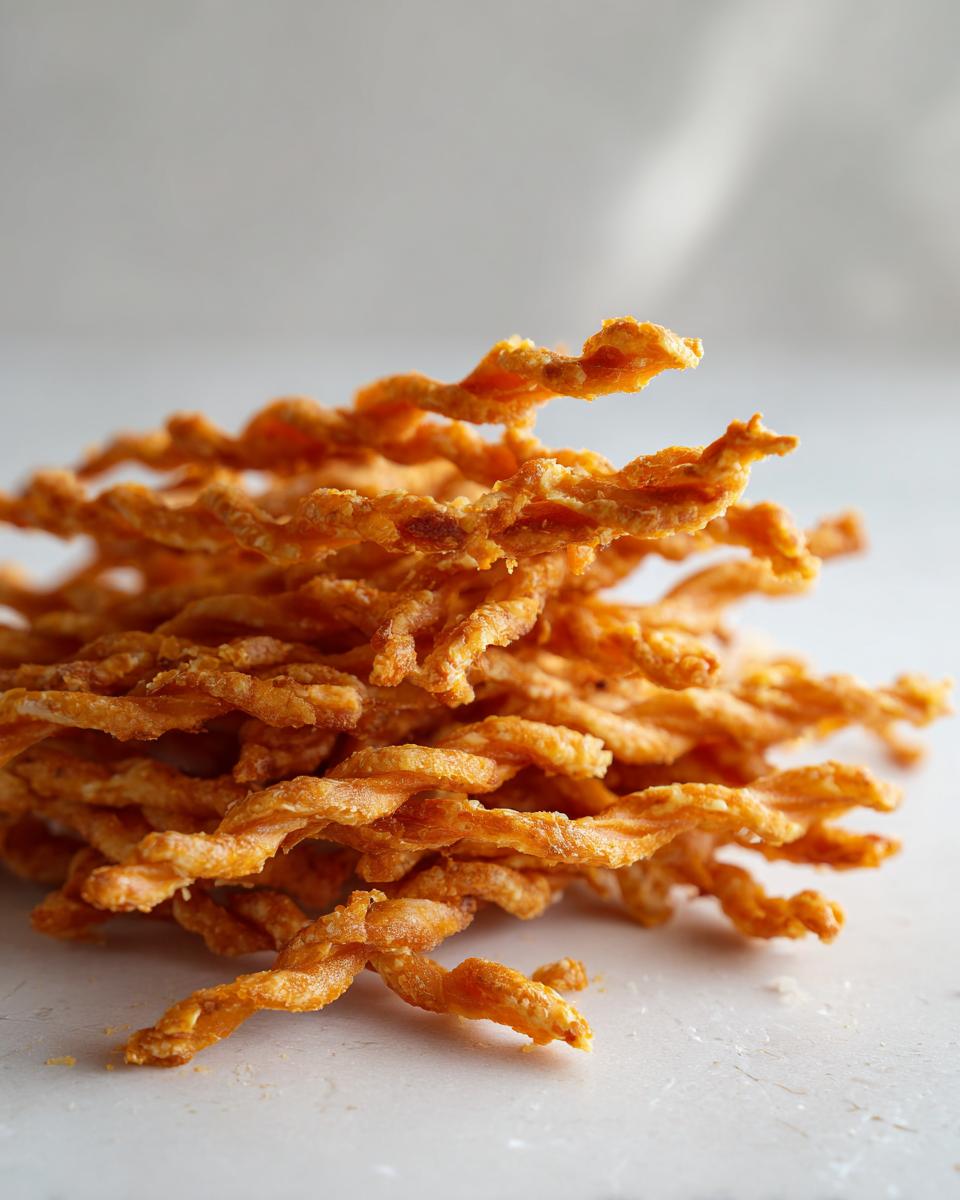 A close-up, appetizing stack of golden brown, flaky, twisted cheese straws on a light surface.