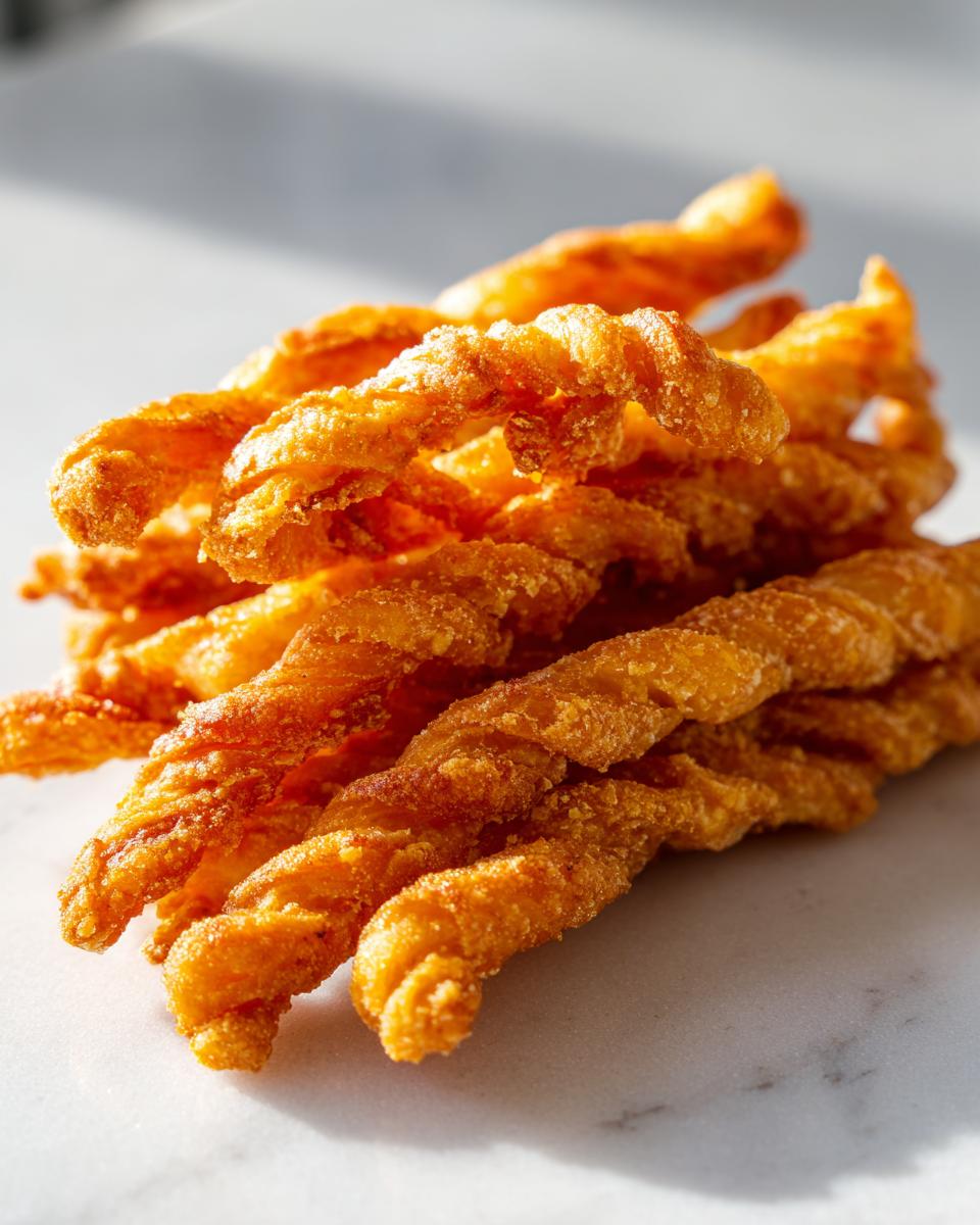 Close-up of a pile of crispy, golden brown, twisted cheese straws resting on a white marble surface.