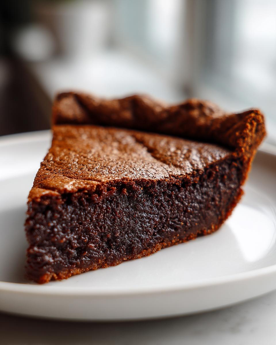 Close-up of a rich, dark slice of chocolate chess pie showing its dense, gooey center on a white plate.
