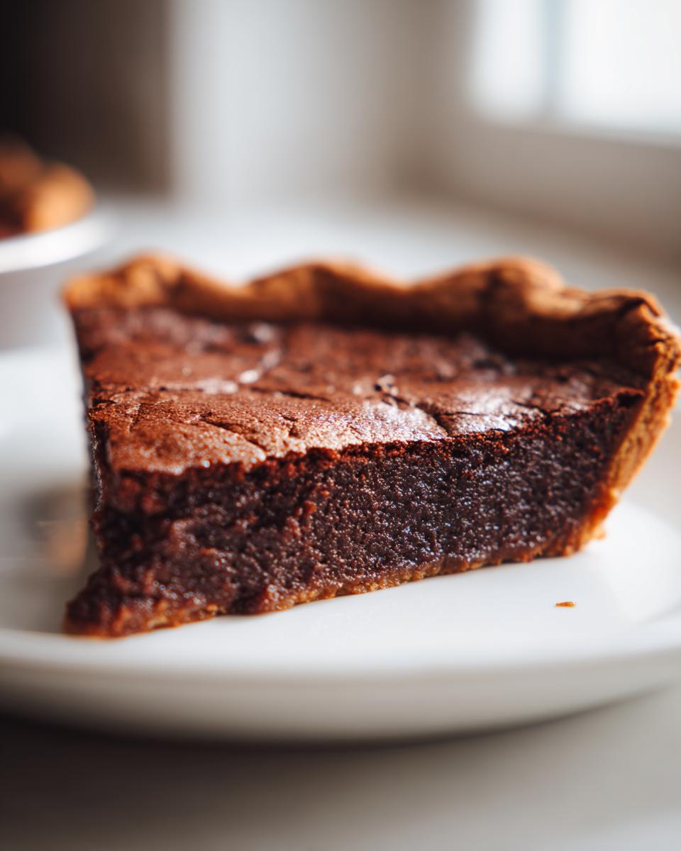 Close-up of a rich, dark slice of chocolate chess pie showing its dense, gooey center and flaky crust.