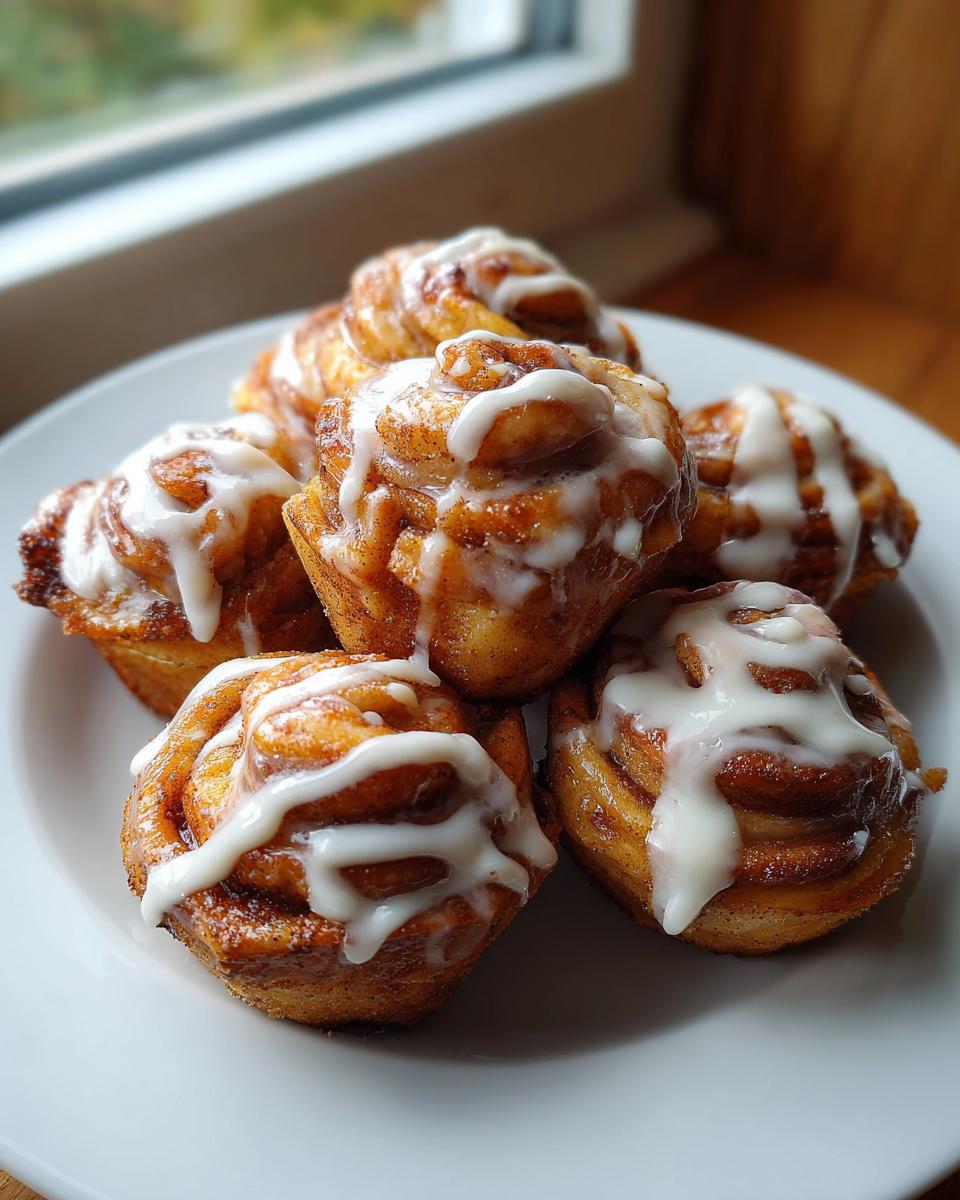 A close-up of several gooey cinnamon roll bites topped with white icing, arranged on a white plate.