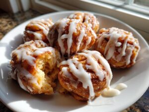 A plate of five gooey cinnamon roll bites drizzled generously with white vanilla icing, one is broken open.