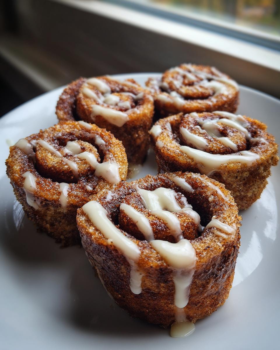 Close-up of five freshly baked cinnamon roll bites drizzled with thick white icing, served on a white plate.