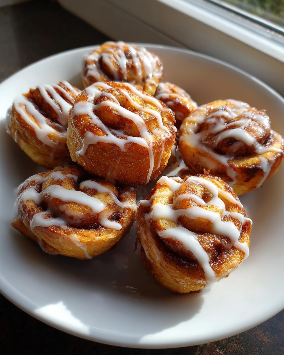 A close-up of several gooey cinnamon roll bites drizzled generously with white icing, served on a white plate.