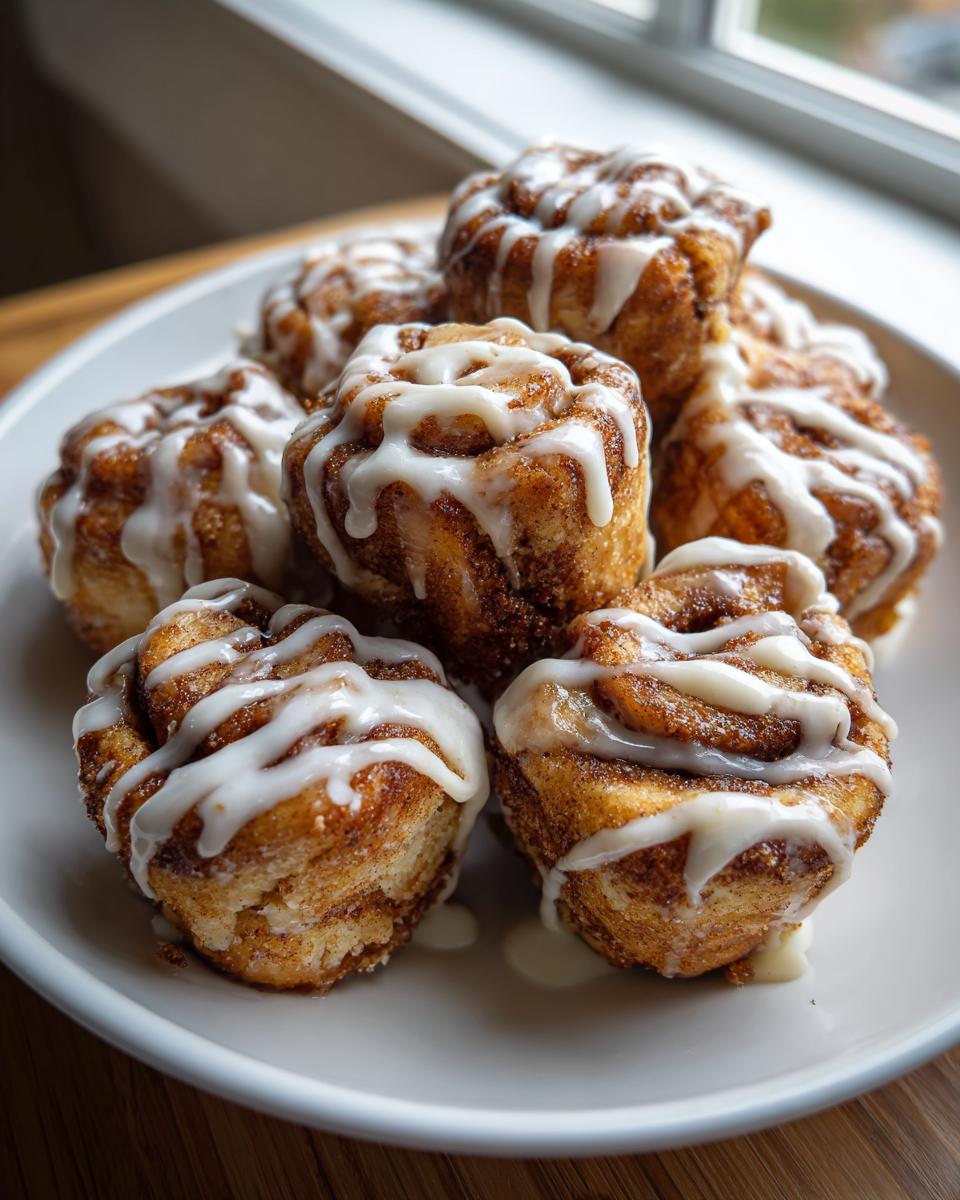 A close-up of several warm cinnamon roll bites piled on a white plate, drizzled generously with white icing.