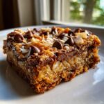 A close-up, tempting shot of a single square of rich magic cookie bars topped with melted chocolate chips and coconut flakes.
