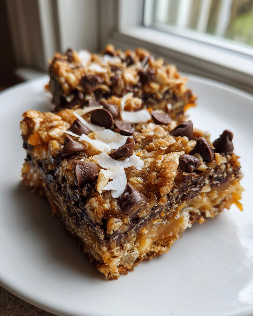 Two rich, layered magic cookie bars topped with chocolate chips and shredded coconut on a white plate.