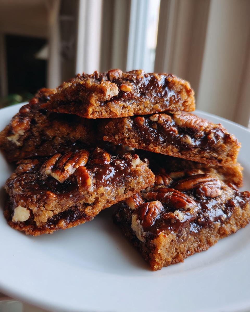 A stack of rich, gooey pecan pie cookies bars topped with whole pecans, served on a white plate.