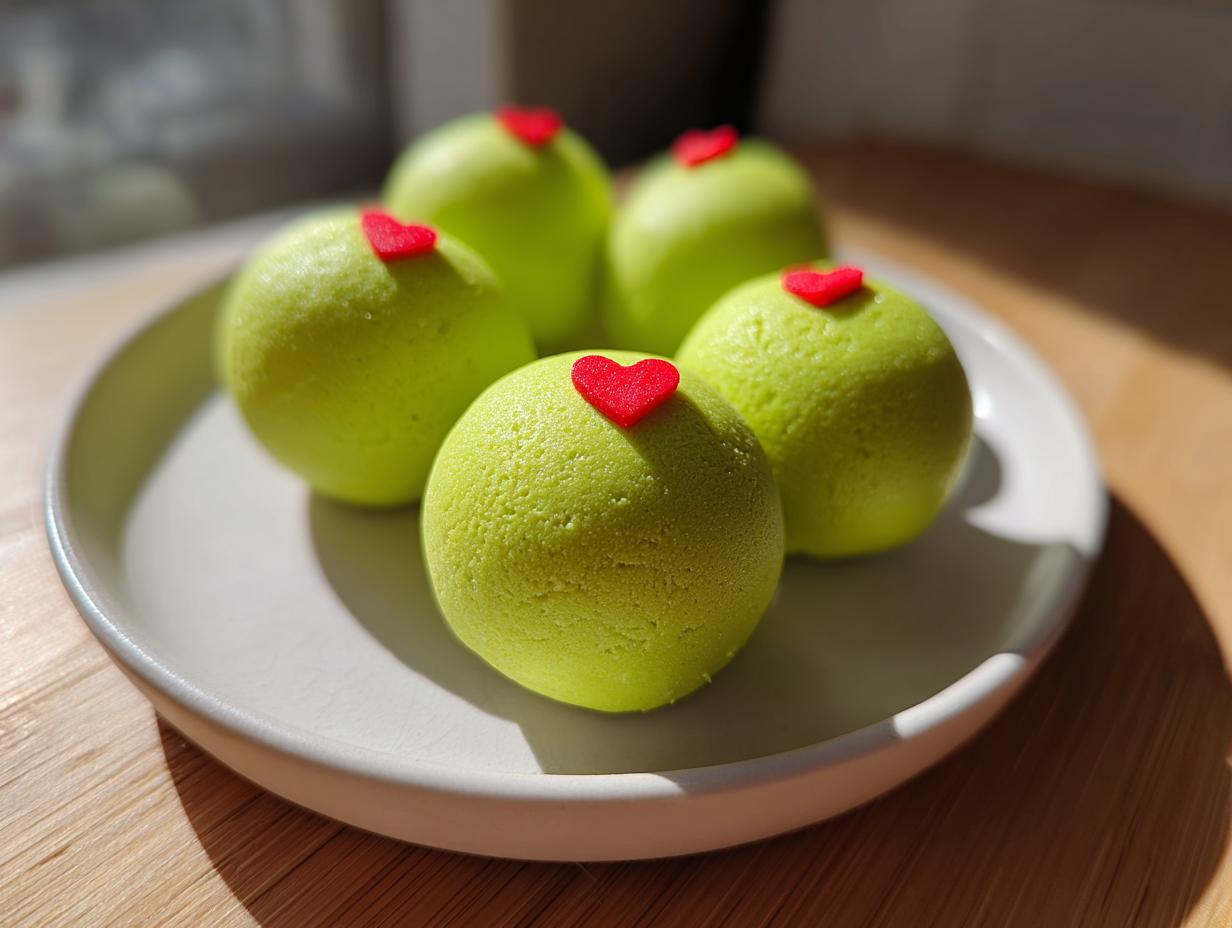 Five bright green grinch oreo balls, each topped with a tiny red heart, arranged on a light gray plate.