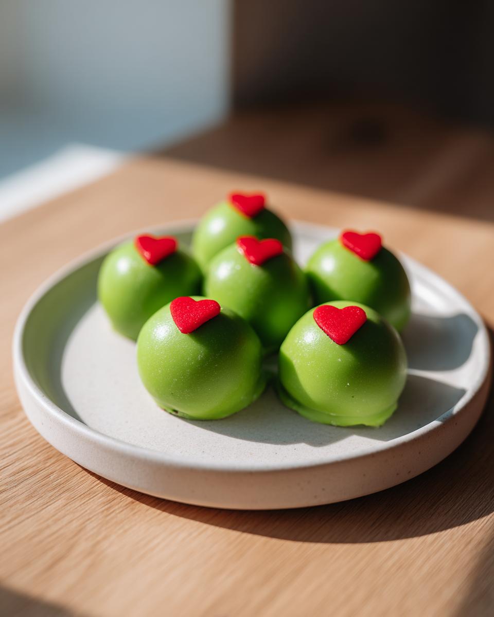 Six bright green grinch oreo balls, each topped with a small red heart, arranged on a light plate.