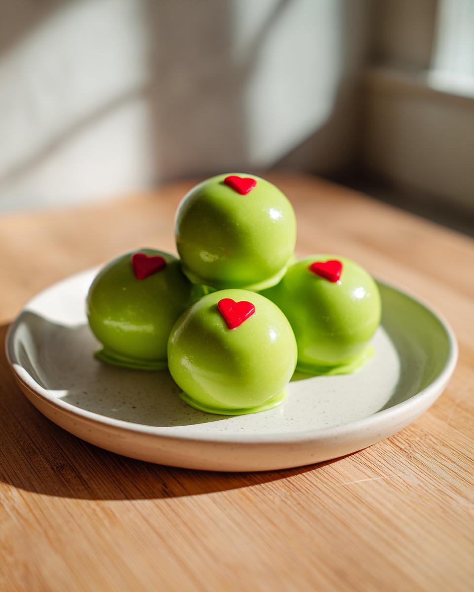 Four bright green, glossy grinch oreo balls topped with small red hearts, stacked on a small plate.