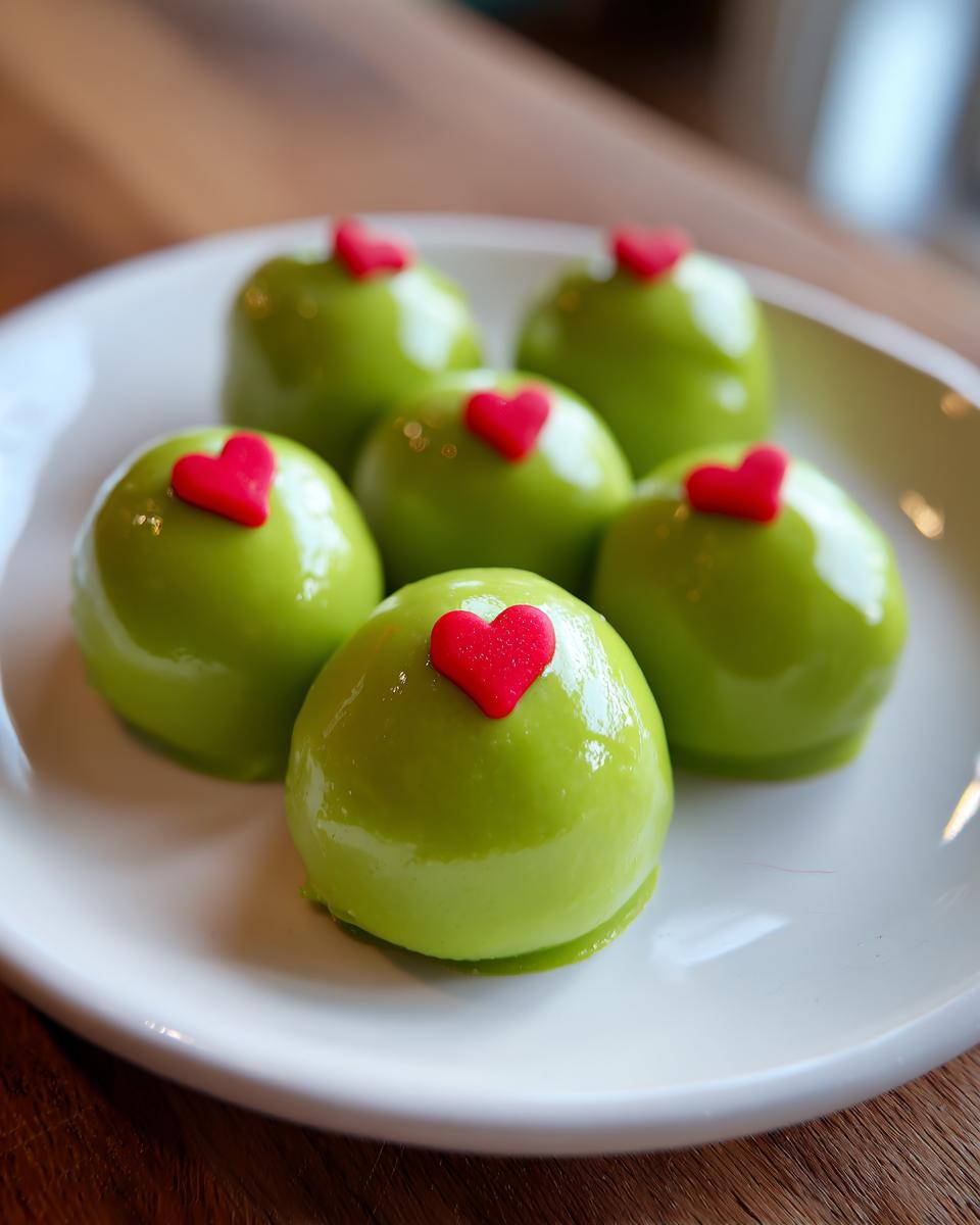 Six bright green, glossy grinch oreo balls, each topped with a small red heart, arranged on a white plate.