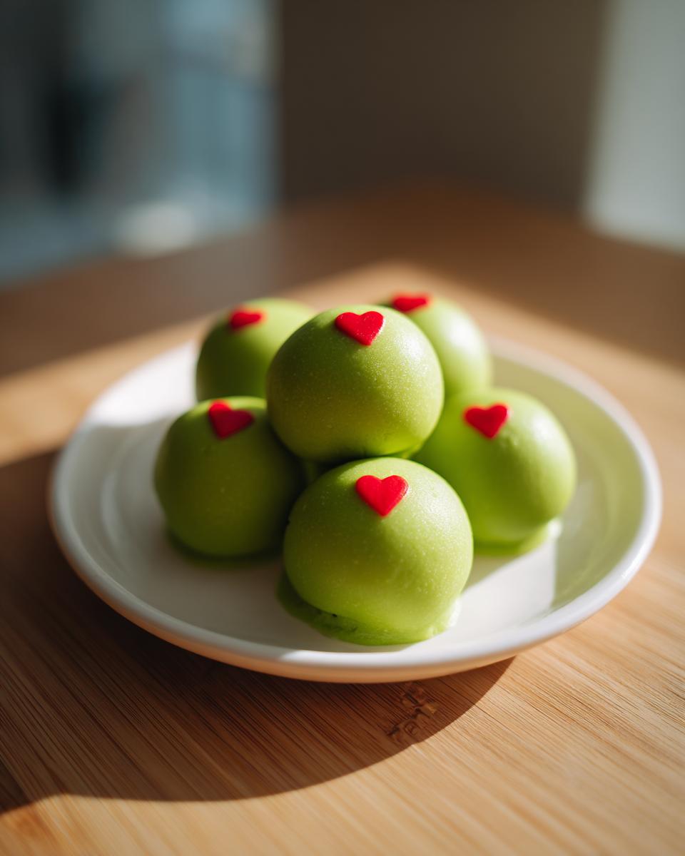 A small white plate holds several bright green grinch oreo balls, each topped with a tiny red heart.