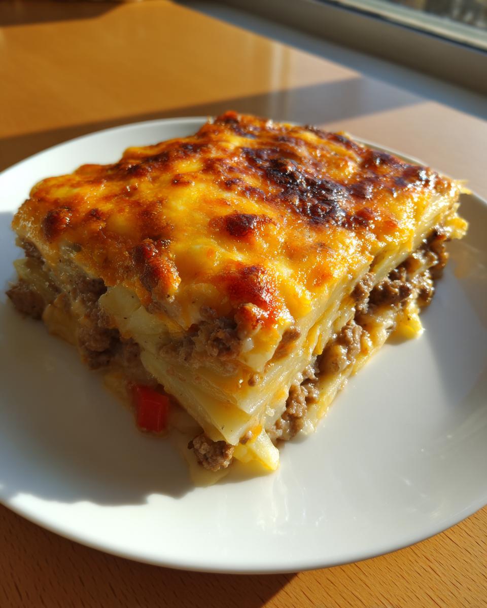 A square serving of rich hamburger potato casserole with layers of meat and potatoes, topped with bubbly, browned cheese.