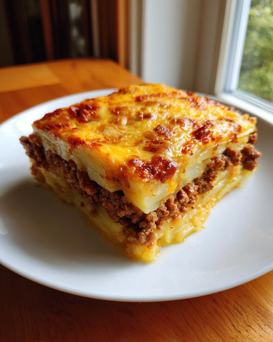 A square serving of hamburger potato casserole featuring layers of ground meat and sliced potatoes, topped with melted, browned cheese.