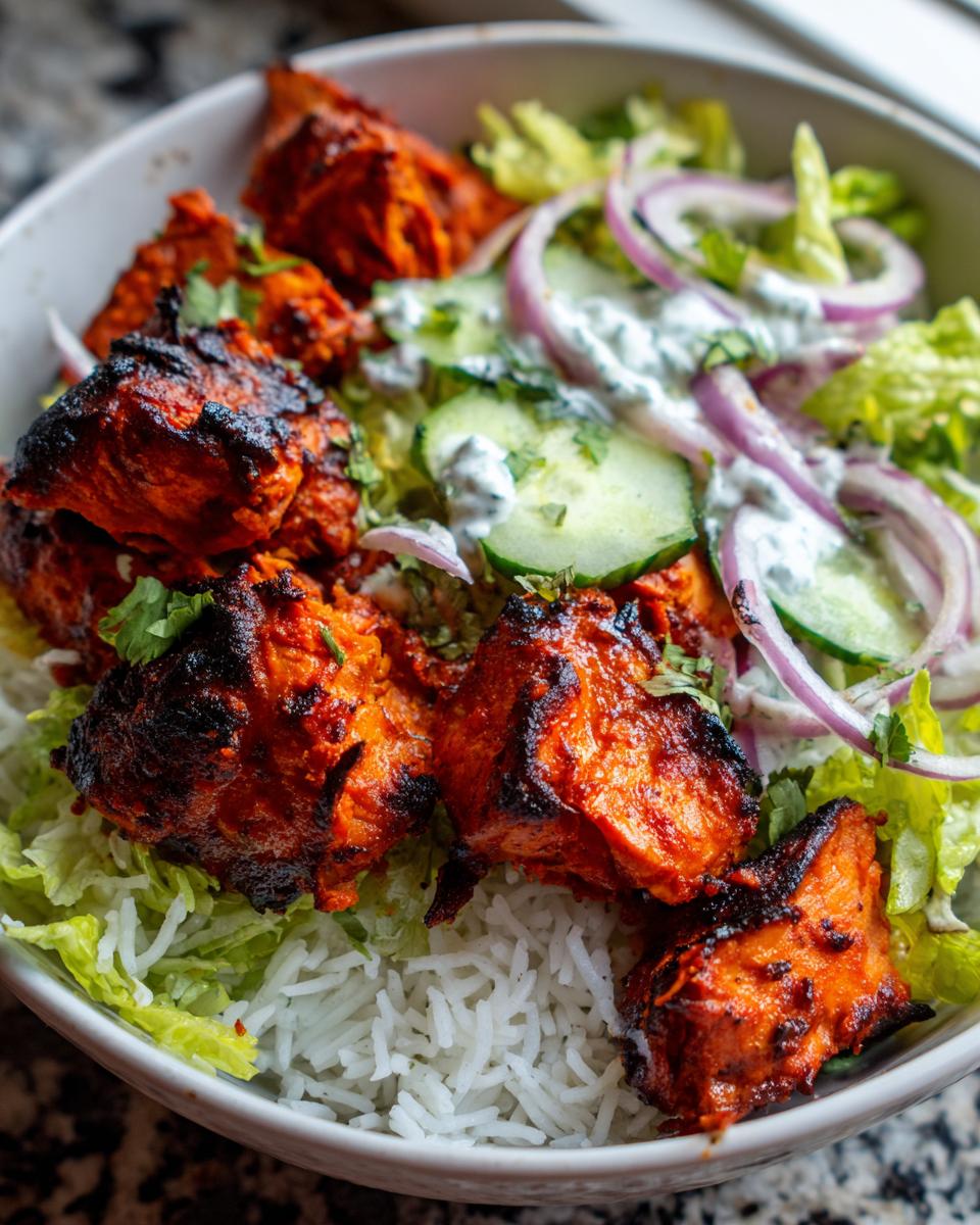 Close-up of a bowl featuring bright red harissa chicken pieces over white rice, topped with cucumber, red onion, and yogurt sauce.