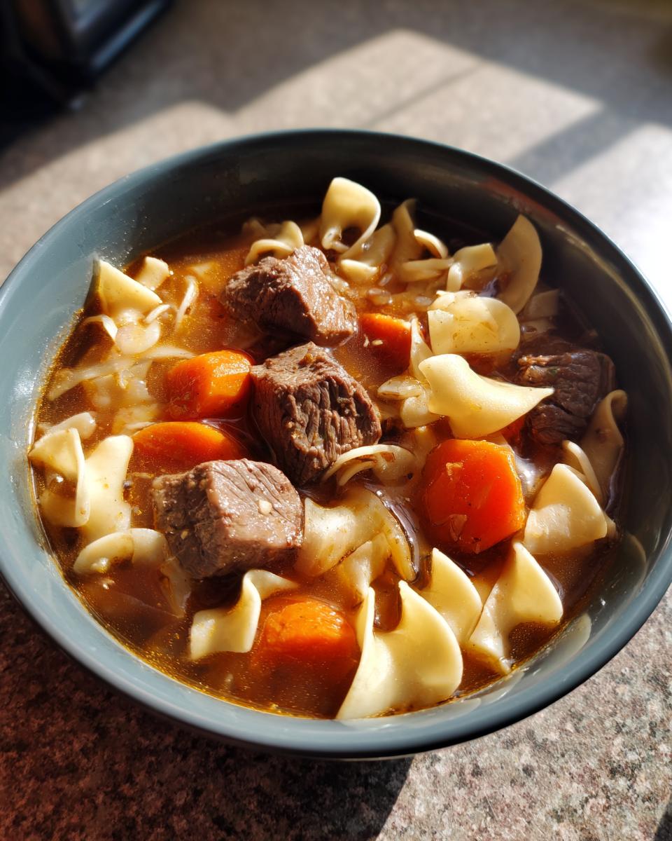 Close-up of a bowl of rich beef noodle soup featuring tender beef chunks, wide egg noodles, and bright orange carrots.