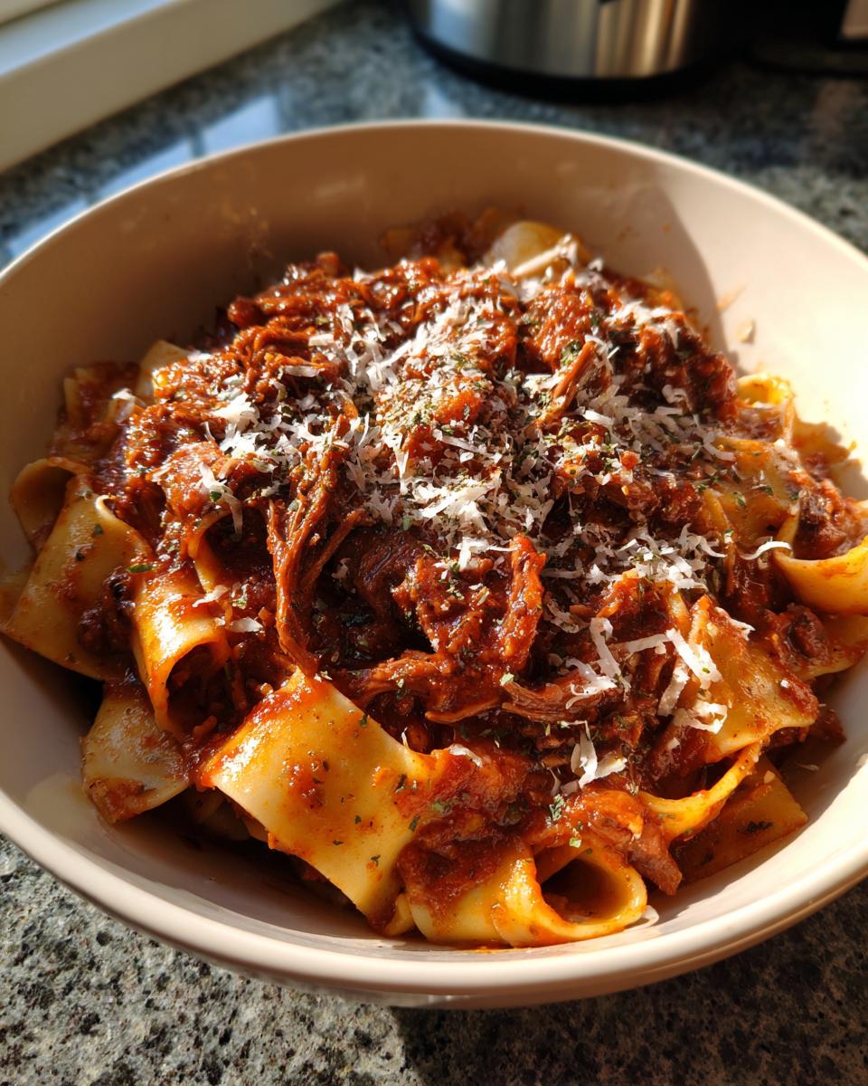 A close-up of a bowl filled with pappardelle pasta generously topped with rich beef ragu and grated Parmesan cheese.